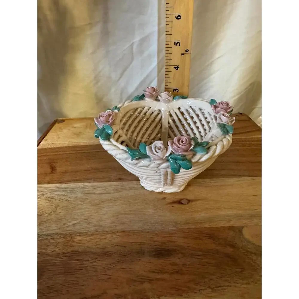 Vintage Italian Reticulated Porcelain Basket Italy Lattice Trinket‎ Dish